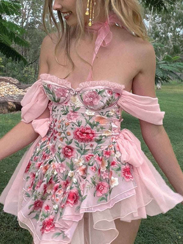 IFOMT Patchwork Ruffle Bardot Floral Mini Dress
