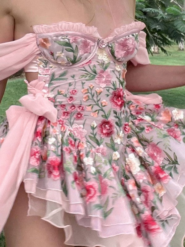 IFOMT Patchwork Ruffle Bardot Floral Mini Dress
