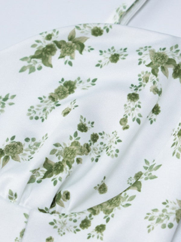 IFOMT Green Floral Print Y2K Mini Dress