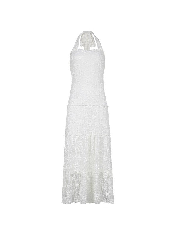 IFOMT White Floral Lace Halter Maxi Dress