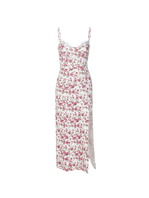 IFOMT Lace Trim Slit Floral Maxi Dress