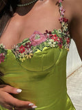 IFOMT Embroidered Floral Green Satin Mini Dress