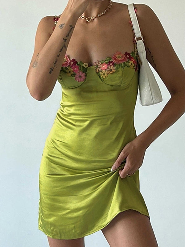 IFOMT Embroidered Floral Green Satin Mini Dress