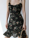 IFOMT Lace Up Floral Black Mini Dress