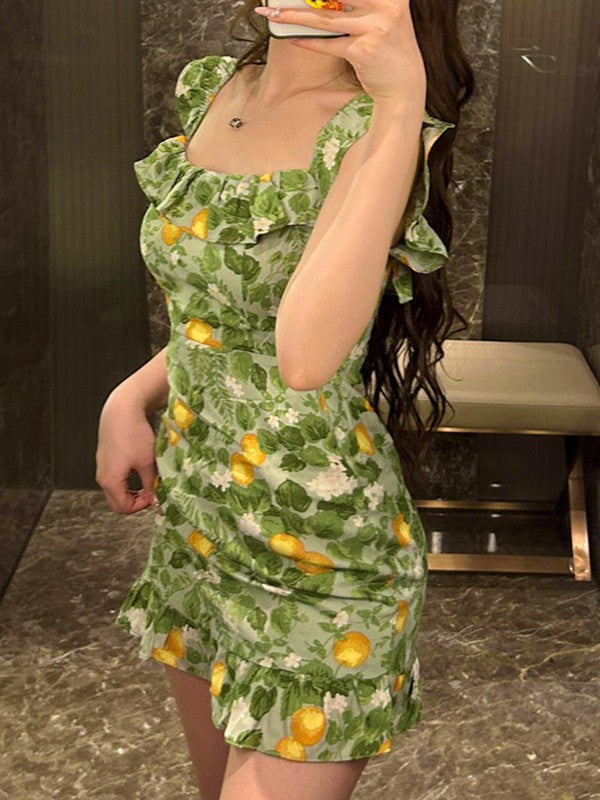 IFOMT Vintage Ruffle Green Mini Dress