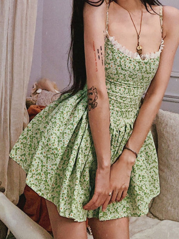 IFOMT Tie Back Floral Green Mini Dress