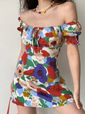 IFOMT Smocked Puff Sleeve Floral Mini Dress