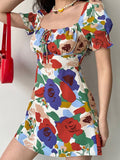 IFOMT Smocked Puff Sleeve Floral Mini Dress