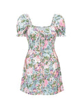 IFOMT Tie Front Puff Sleeve Floral Mini Dress
