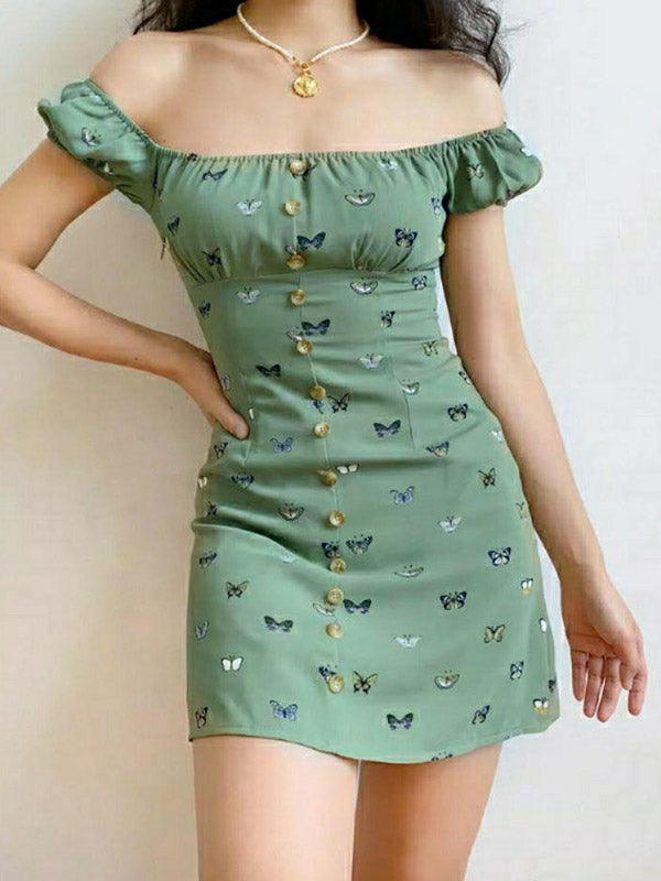 IFOMT Puff Sleeve Butterfly Mini Dress