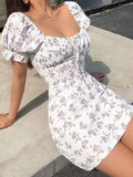 IFOMT Backless Puff Sleeve Floral Mini Dress
