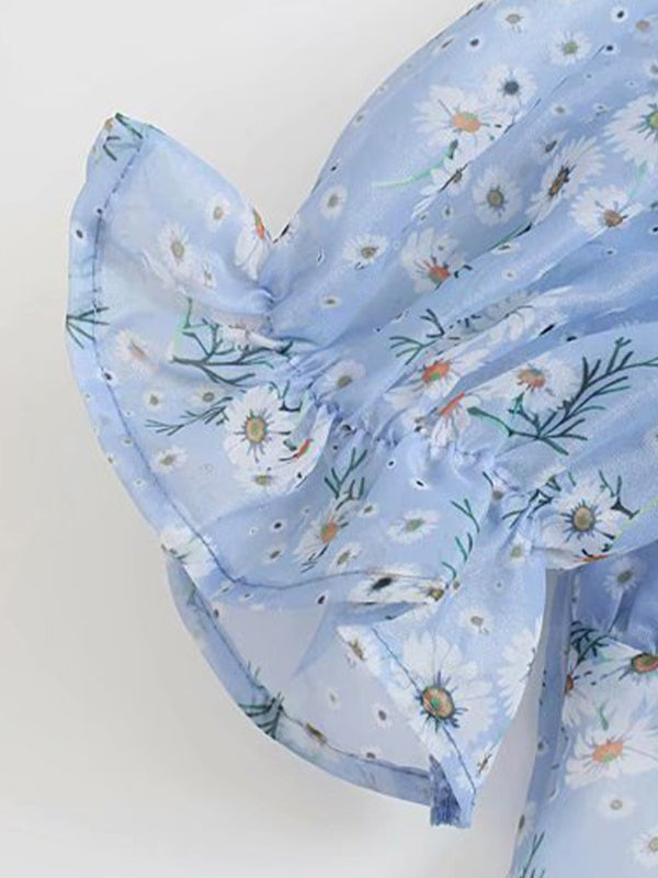 IFOMT Puff Sleeve Tie Up Floral Mini Dress