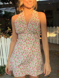 IFOMT Plunge Neck Backless Floral Mini Dress