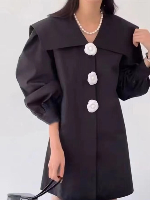 IFOMT 2024 New Fashion Elegant Navy Neck Flower Button Balloon Sleeve Shirt Dress