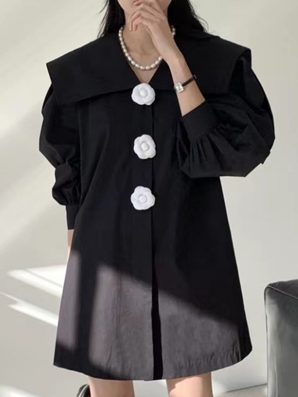 IFOMT 2024 New Fashion Elegant Navy Neck Flower Button Balloon Sleeve Shirt Dress