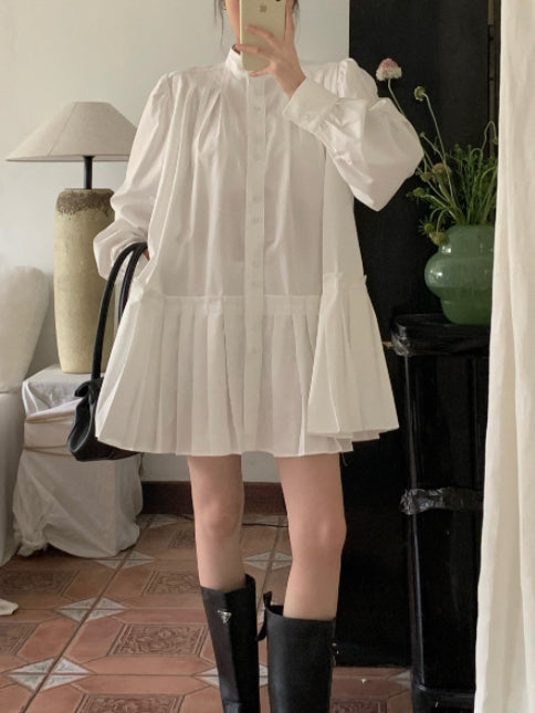 IFOMT 2024 New Fashion Elegant Retro A-line Pleated Preppy Shirt Dress