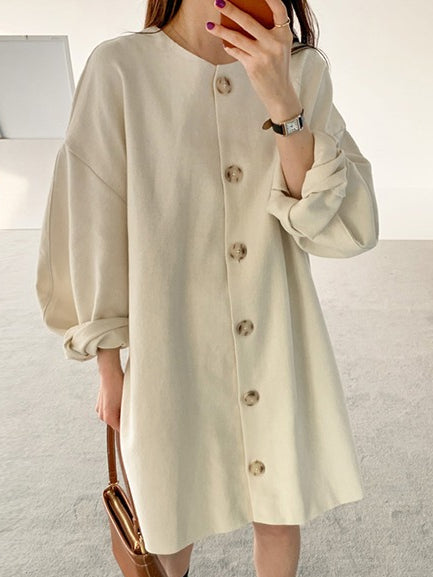 IFOMT 2024 New Fashion Elegant Simple Round Neck Breasted Loose Puff Sleeve Dress