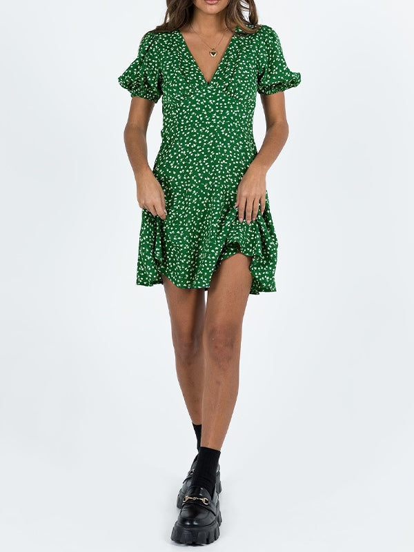 IFOMT Puff Sleeve Green Floral Mini Dress