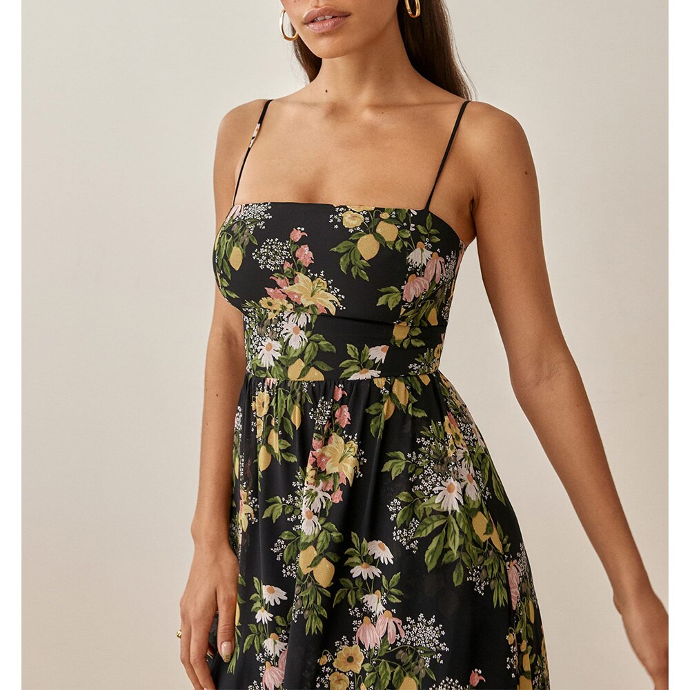 Ifomt Vacation Beach Dresses For Women Summer Vintage Floral Dress Straight Neck Sleeveless Spaghetti Strap Midi Dress