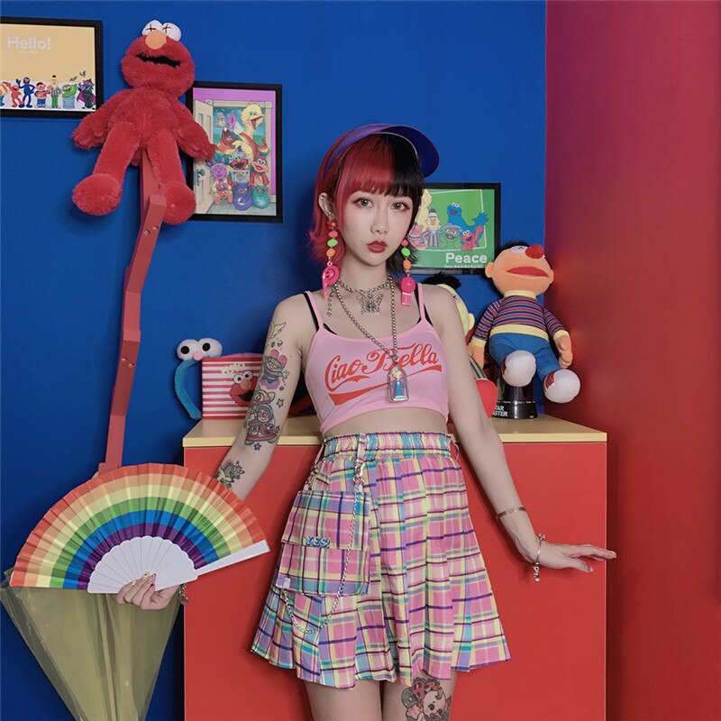 Ifomt Summer Korean Harajuku pink cute elastic Plaid waist high waist pocket chain college Ulzzang kawaii casual female pleated skirt