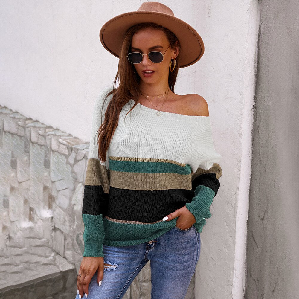 Ifomt Ladies Autumn Winter Women Sweater Striped Casual Warm Jumper Knit Sexy Loose Women Sweaters Pullover Tops Female Pull Knitwear