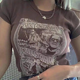 Ifomt Vintage Grunge Graphic Aesthetic Women Crop Tops Punk Harajuku Y2K Goth Short Sleeve Streetwear 90s Print Slim Clothes T-shirt