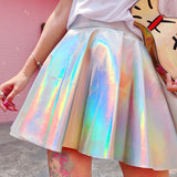 Ifomt Summer Ulzzang Harajuku fluorescent sexy metal silver shiny Nightclub laser high waist kawaii cute women mini PU Pleated A skirt