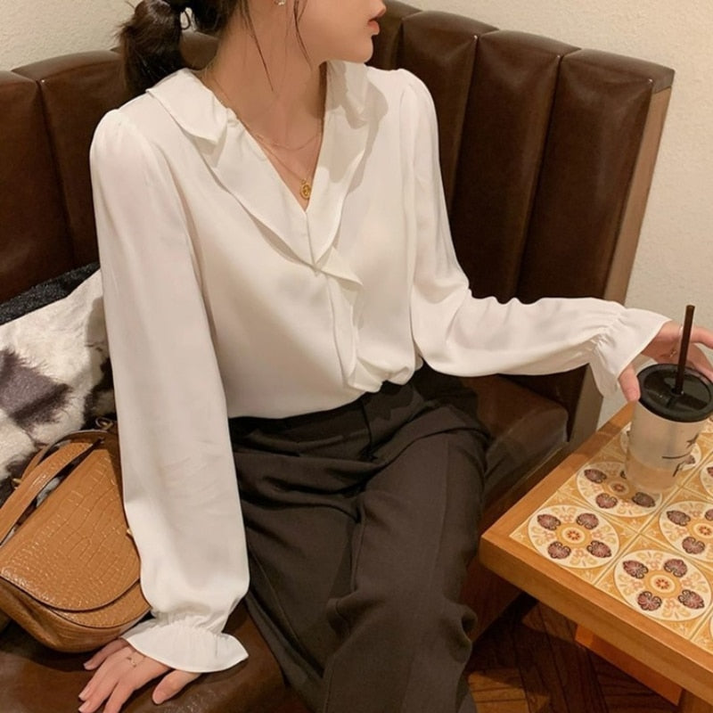 Blouses Women Chiffon French Style Prevalent Ruffles Simple Pure Tender Elegant Autumn Temperament Cozy Vintage All-match Casual