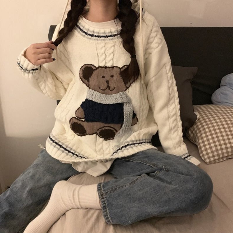 Ifomt College Style Student Cute Knitted Women Sweater Harajuku Warm Winter Loose Casual Vintage Cute Bear Kawaii Cartoon Girl Sweater