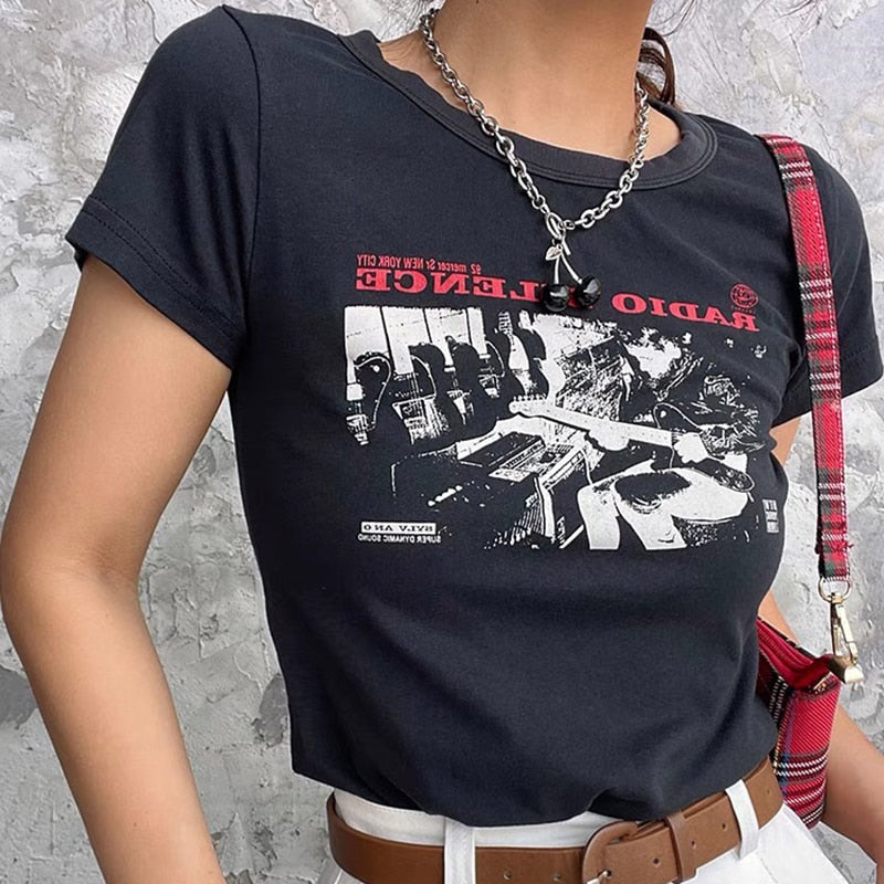 Ifomt 90s Vintage Classic Rock Graphic Slim T-Shirt Women Harajuku Summer O-Neck Short-Sleeve Femme Casual Fun Streetwear Y2k Crop Top