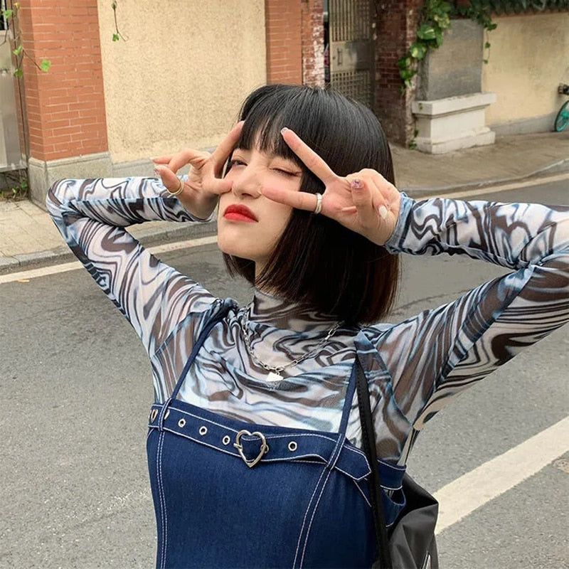 Ifomt Tie-Dye Women Tops Bottoming Cute Tees Y2K Harajuku Summer Streetwear Hot Girl  E-Girls Gothic Punk Silk Mesh Short Slim T-Shirt