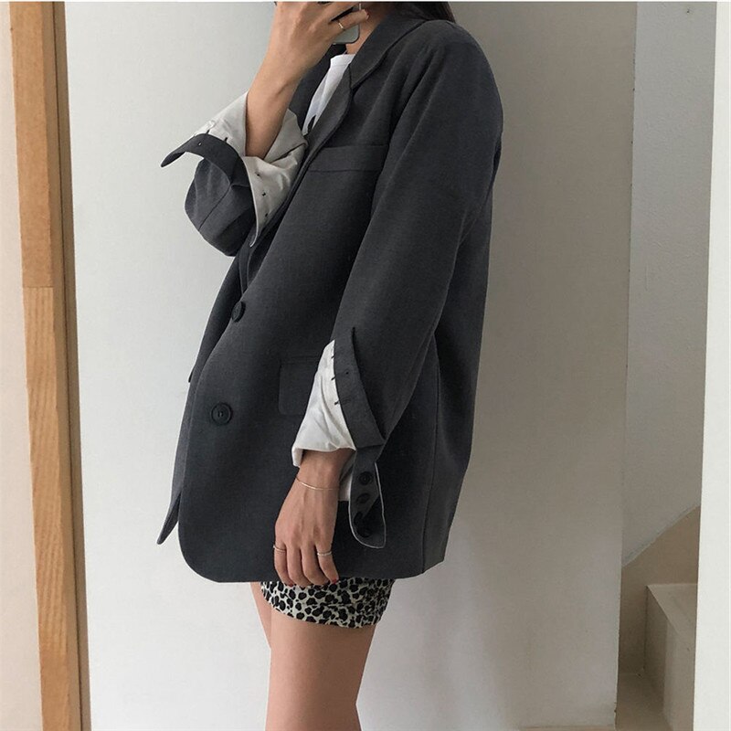 Ifomt Fashion Autumn Winter Gray Women Blazer Coat Casual Long Sleeve Loose Female Coats Offiec Ladies Elegant Suit Blazer Fall Outfits 2023