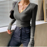 Ifomt Casual Cotton V Neck Long Sleeve T-shirt Women Autumn Shoulder Pad Slim Fit Female Tops Ladies Basic Elastic Tees Fall Outfits 2023