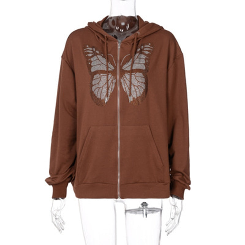 Ifomt Fashion  Butterfly Graphic Rhinestone Zip Up Hoodies 90S Streetwear Diamond Grey Long Jacket Autumn