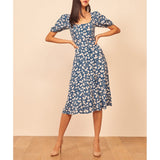 Ifomt Summer Clothes For Women  Fashion Vintage Chiffon Floral Dress Square Neck Short Puff Sleeve Front Button Midi Dress