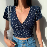 Ifomt Back to college Y2K Vintage Floral Cross Crop Top T-Shirt Women Cropped Slim Short Sleeve V-Neck Sexy Summer Clothes Tee Shirt Femme Woman Tops