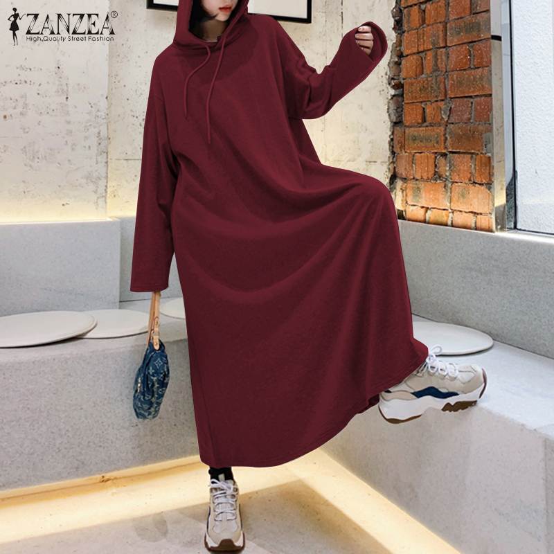 Ifomt Fashion Hooded Hoodies Dress Women Autumn Sweatshirts 2022 ZANZEA Casual Long Sleeve Maxi Vestidos Female Solid Robe