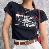 Ifomt Harajuku Grunge Graphic Black Goth Punk 90s Vintage Slim Short Crop Top Streetwear Sexy Summer Harajuku Y2K Casual Women T-Shirt