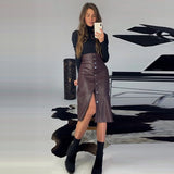 Ifomt Casual Single-Breasted PU Leather A-Line Midi Skirts Autumn Winter Home Wear Warm Office Lady Skirts New Arrival