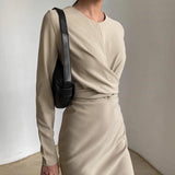 Ifomt Casual O-Neck Folds Slit Bodycon Dress Autumn Long Sleeve High Waist Elegant Party Midi Dresses For Women