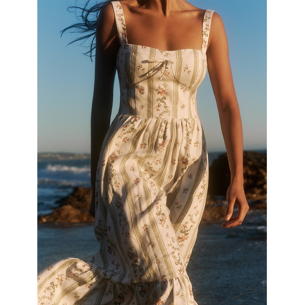 Ifomt Boho Dresses For Women Midi Vintage Chiffon Summer Dress Sleeveless Square Neck Strap Bohemian Beach Party Dress