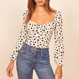 Ifomt Women Blouses Long Sleeve Sweetheart Neck Elegant Polka Dot Blouse Fashion Smocked Back Slim Fitted Ladies Casual Tops