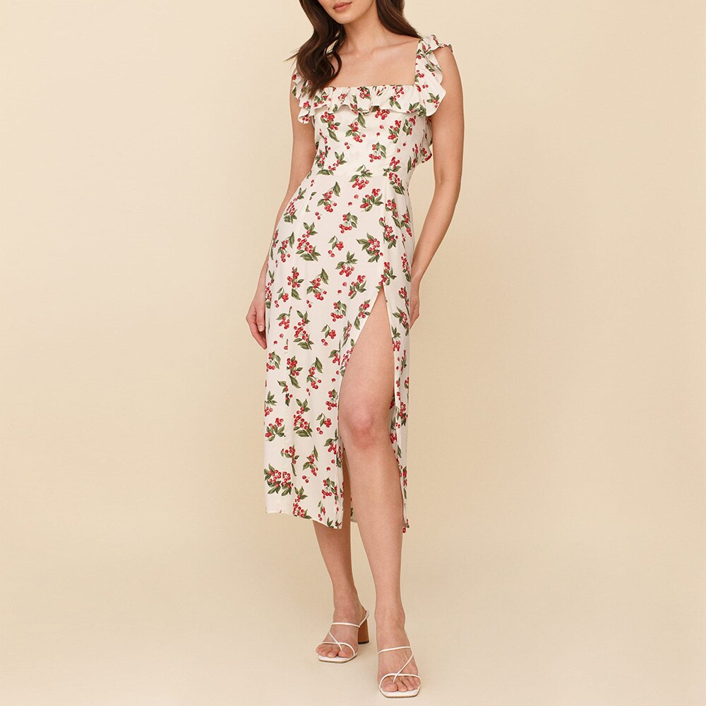 Ifomt Summer Floral Dress Women Ruffle Square Neck Chiffon Midi Dress With Slit Back Smocked Sleeveless Vacation Beach Dress