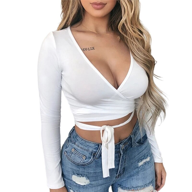 Basic Sexy Crop Top Women Long Sleeve T-Shirts Deep V Neck Slim Bandage Bowknot Pullovers Solid Color Sexy Tee Top Female