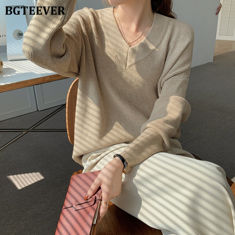 Ifomt  Elegant V-Neck  Knitted Women Sweaters Full Sleeve Loose Female Pullovers Jumpers Autumn Winter Thick Ladies Knitwear