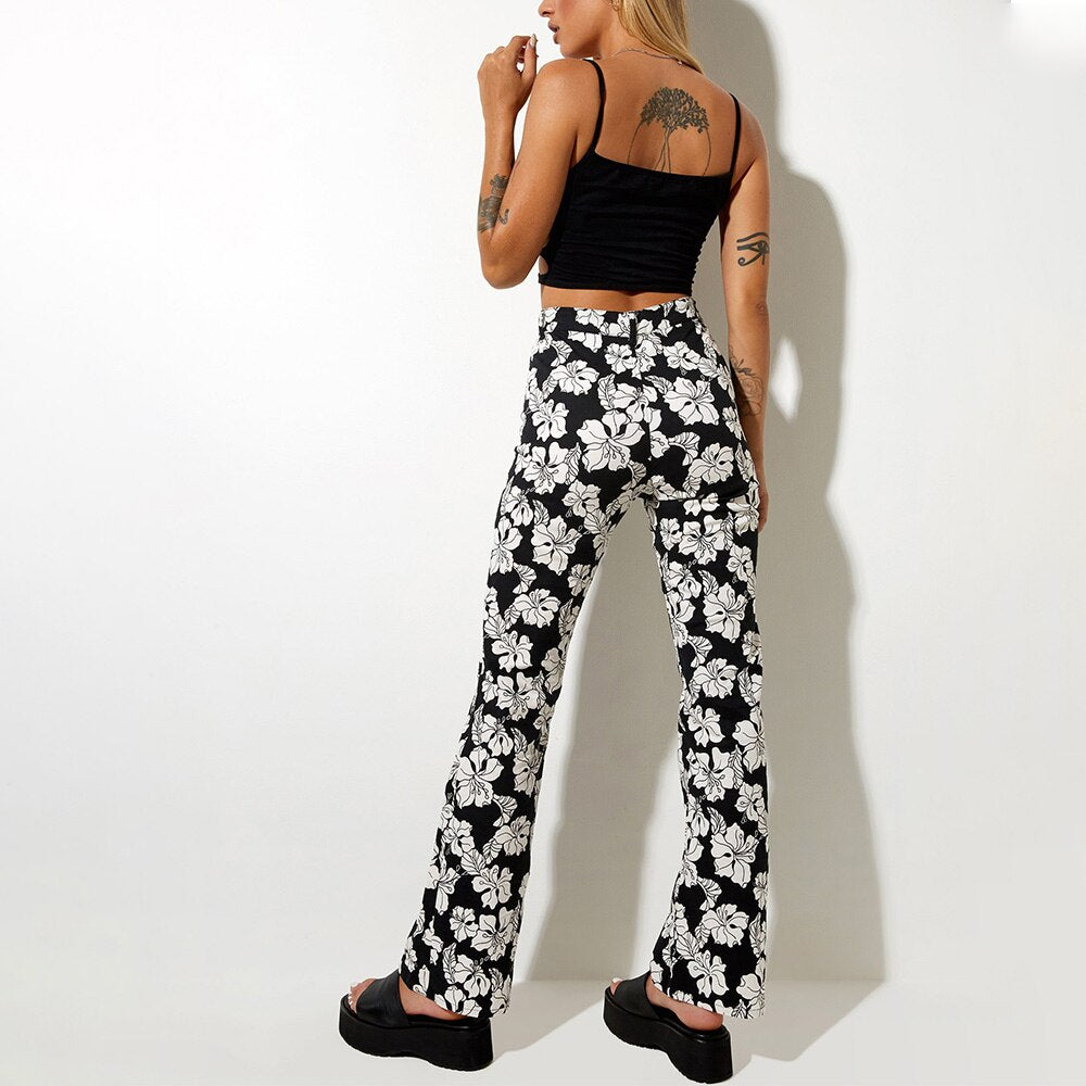 Ifomt Fashion Women Clothing Spring Autumn Zip Up Vintage Floral Print Pants Street Style High Waist Long Flare Pants Trousers