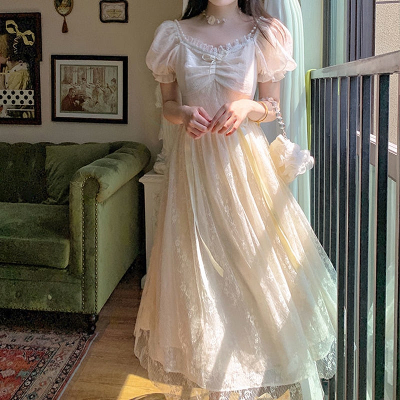 Ifomt Princess Elegant Dress Women Vintage Lace-Up Long Fairy Dresses For Women 2022 Spring Victorian Wedding Midi Dress Korean