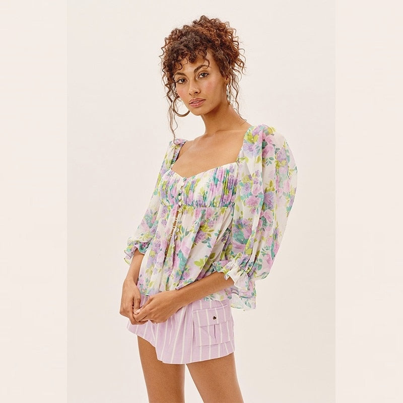Ifomt 2023 Summer Beach Style  Holiday Floral Woman Shirts Beach Vocation Ladies Mini Blouse Top
