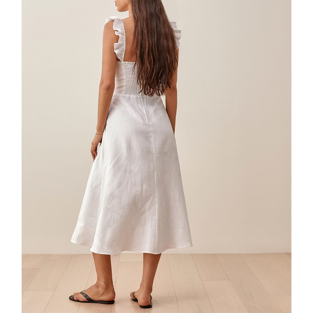 Ifomt Dresses For Women Sexy High Slit White Midi Party Dress Ruffle Strap Sleeveless Imitation Linen Casual Summer Dress