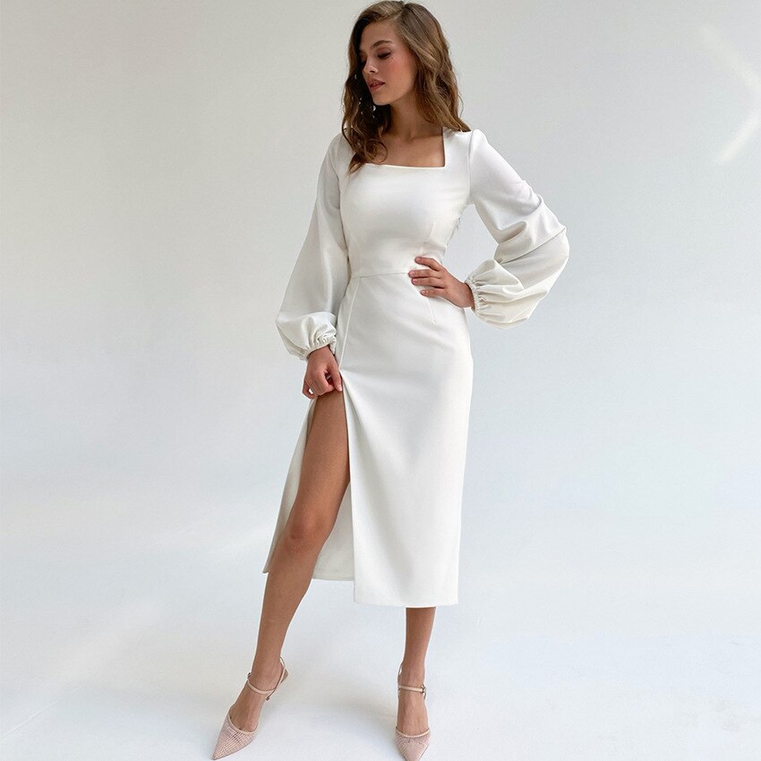 Ifomt Sexy Square Collar Slit Midi White Female Dress Autumn Elegant Lantern Sleeve Night Club Party Dresses For Women